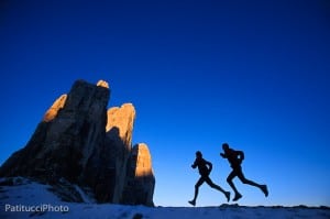 Trail runners in profile at the Tre Cime di Lavaredo