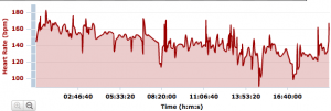 My heart rate data from the 2011 Western States 100. Sequentially, the three big HR crashes are Devil's Thumb (tired), Green Gate (puked), and approaching Browns Bar (gave up).