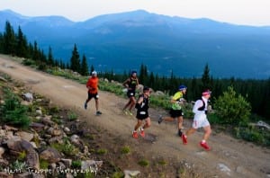 The lead pack early in the 2012 Leadville 100 (l-to-r): Zeke Tiernan, Anton Krupicka, Mike Aish, Nick Clark, and Thomas Lorblanchet. Photo: Matt Trappe