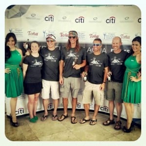 Margaret, Ian, Jamil, Nick, and Sean hang out with Toña, Fuego's beer sponsor, girls after the press conference. Photo: Paula Ring-Stephens.