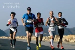 Yun Yan Qiao, Andrew Tuckey, Aite Tamang, Jeremy Ritcey, and Gerald Sabal (form l-to-r) running the 2013 Hong Kong 100k. Photo: Lloyd Belcher