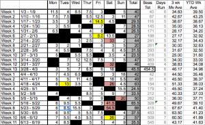 My 2011 Western States 100 training. (Pink indicated a run of 20+ miles. Yellow indicates a double.)