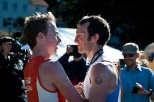 Dakota Jones and Mike Wolfe at the finish of the 2011 TNF 50. Photo: Brett Rivers.