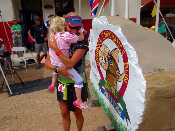 Darcy Africa hugging her daughter Sophia at the finish of the 2012 Hardrock 100. Darcy Africa and Sophia - 2012 Hardrock 100