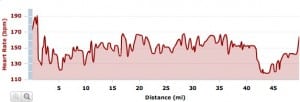 My heart rate through the race. Notice the drop late when I'm walking.