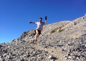 The author illustrating low drop control in the New Balance MT110’s on the technical mountain trails of Mt. Baldy, CA.