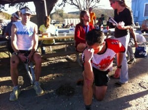 Dylan Bowman Debowing in front Dave Mackey and Timothy Olson at the finish. Photo: Bryon Powell