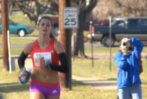 Emily Harrison finishing the 2012 JFK 50 Mile. Photo: Screen capture from Herald-Mail webcast