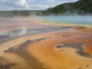 Grand Prismatic Spring at the Midway Geyser Basin, another one of Yellowstone's famous geothermal features.
