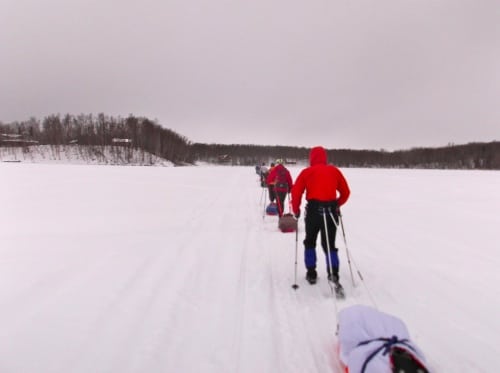 Runners making their way across Knik Lake just minutes after the start. Iditarod Trail Invitational 2012 - Knik Lake