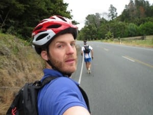 Jaime Ashwell snaps a self-portrait while crewing Jez by bike.
