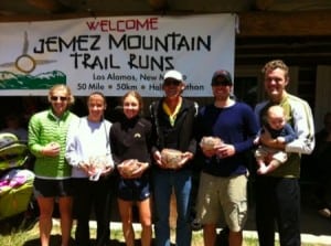 Jemez Half Marathon winners (l-r) - Ashley Arnold, Erica Baron, Megan Kimmel, and Bernie Boettcher along with (ID uncertain) Daniel Goding and Bradley Skidmore.