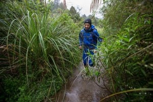 Jez negotiates flooded trails and inclement weather. Photo: Damiano Levati