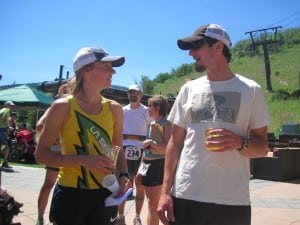 Megan Kimmel celebrates her race and series victories with La Sportiva NA President Jonathan Lantz.