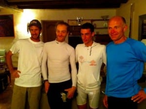 (l-r) Karl Meltzer, Geoff Roes, Kilian Jornet, & Nicolas Mermoud after the 2010 UTMB cancellation.