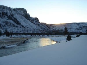 Sunset along Yellowstone's Madison River in winter.