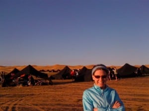 Meghan Hicks at the bivouac after stage 1 of the 2009 Marathon des Sables. (Photo by Bryon Powell)