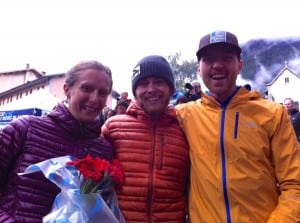 Foote with friends Krissy Moelhl (left) and Luke Nelson (center) after the 2012 TNF UTMB. Photo: Bryon Powell