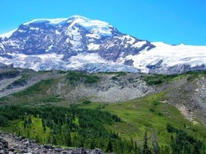 Willis Wall, Liberty Ridge, and the Carbon Glacier on Mount Rainier's north face from Moraine Park. Photo by Leor Pantilat.