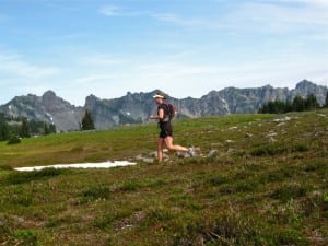 Trail running on Mount Rainier. Photo by Glenn Tachiyama.