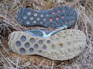 The outsoles of the New Balance MT100 (top) and MT101 (bottom).