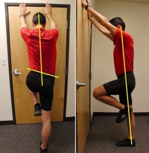 The step up exercise – start and finish positions. The goals it maintain the straight alignment from hip to foot.