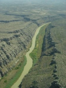The Rio Grande, which divides the US on the left and Mexico on the right, viewed from the air.