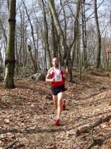 Ryan Woods, the eventual Mt. Penn Mudfest champs, sprinting down some singletrack. (photo by Barb Howe)