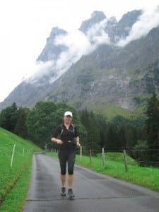 The author running in Salomon Exo 3-4 Tights in the Swiss Alps.