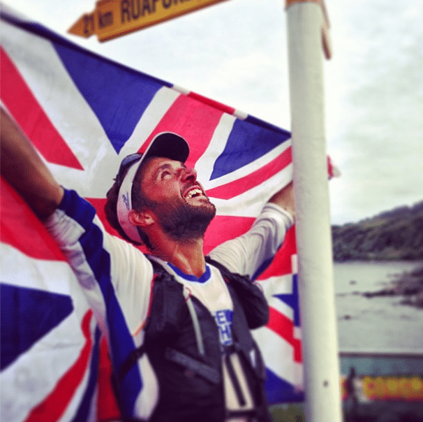 Jez Bragg arrives to Bluff, New Zealand, and finishes the Te Araroad Trail. Photo: Jaime Ashwell