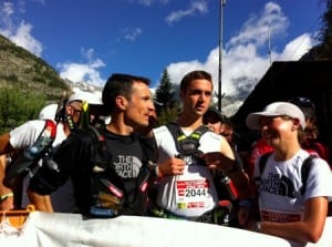 Sebastien Chaigneau, Jez Bragg, and Lizzie Harker at the second start of the 2010 UTMB.