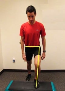 The step up exercise – start and finish positions. The goals it maintain the straight alignment from hip to foot.