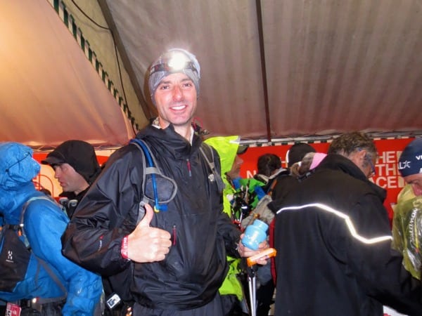 The author letting Bryon Powell know it's all good. Warren Pole - 2012 UTMB - Les Contamines