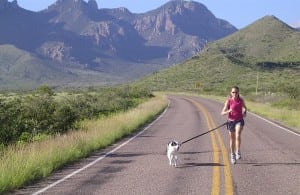 The author and her dog get in a road run on one of Big Bend's paved roads.