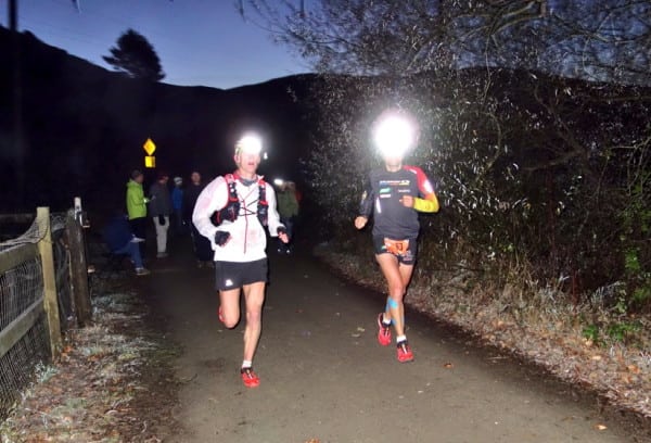 Cameron Clayton leading the TNF EC 50 at mile 12.7, still in the dark. Photo: iRunFar/Meghan Hicks