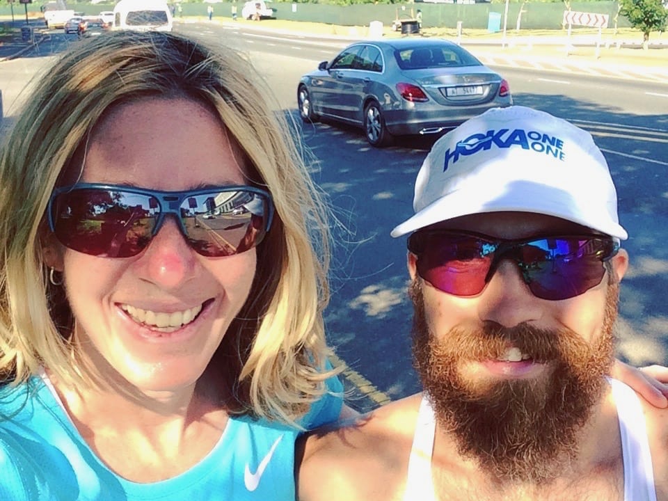 Camille Herron and Patrick Reagan on a training run in Durban, South Africa