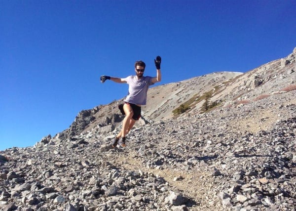 The author illustrating low drop control in the New Balance MT110’s on the technical mountain trails of Mt. Baldy, CA. Dominic Grossman Mt Baldy