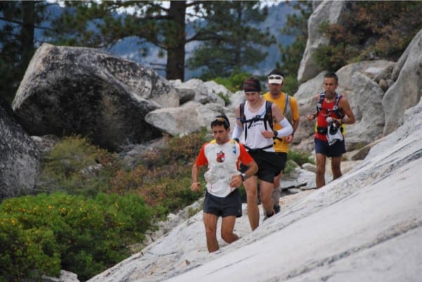Three of the FKT attempters - Gary Gellin, Victor Ballesteros, and Ben Lewis along with pacer VJ Boril at Echo Lake. Echo Lake - Tahoe Rim Trail 2012