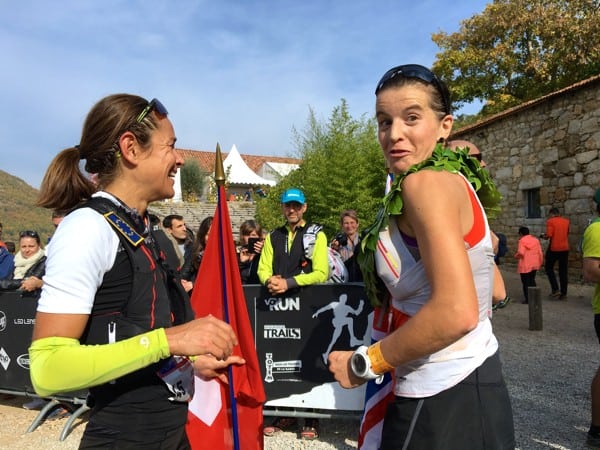 Ellie Greenwood and Jasmin Nunige at the 2015 Les Templiers finish