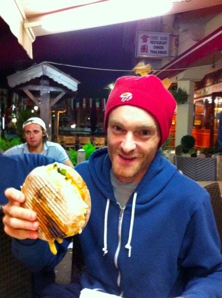 Geoff Roes with an "American Burger" from the Midnight Express in Chamonix. Geoff Roes UTMB 2010