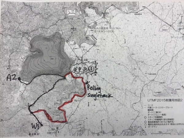 Image showing the first reroute between A2 and W1 in red and the original course in black.
