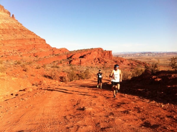 Jared Scott (right, second), Ryan Woods (hidden behind Scott, third), and Rob Krar (left, winner) taking it out hard at the 2012 Red Hot Moab 33k. Jared Scott Rob Krar Red hot Moab 2012