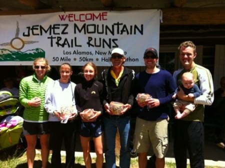 Jemez Half Marathon winners (l-r) - Ashley Arnold, Erica Baron, Megan Kimmel, Bernie Boettcher, Daniel Goding, and Bradley Skidmore. Jemez Half Marathon 2011 top runners