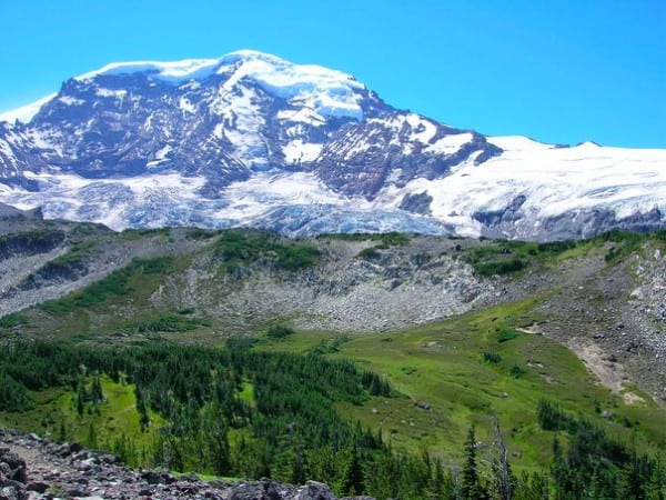 Willis Wall, Liberty Ridge, and the Carbon Glacier on Mount Rainier's north face from Moraine Park. Mount Rainier Moraine Park