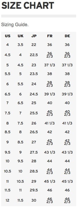 Salomon Pack Size Chart