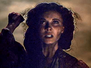 Scarlett O'Hara shakes her fist in Gone with the Wind