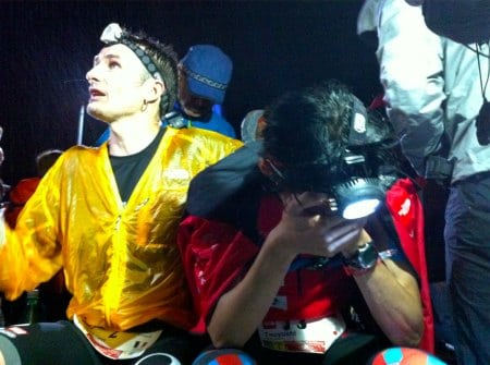 Sebastian Chaigneau comforting Tsuyoshi Kaburaki after the cancellation of the 2010 UTMB. Sebastian Chaigneau Tsuyoshi Kaburaki UTMB 2010
