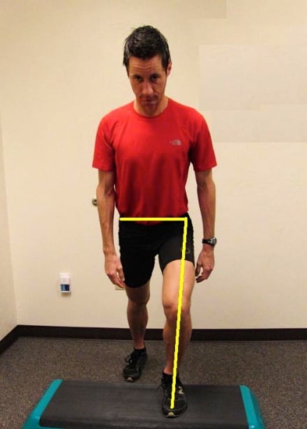 The step up exercise – start and finish positions. The goals it maintain the straight alignment from hip to foot. Step up FRONT