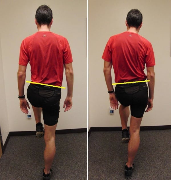 The author demonstrating the lengthening trunk and elevated pelvis of the Power Position (left) versus a weakened, sagging stance leg (right). Strong Vs Sag