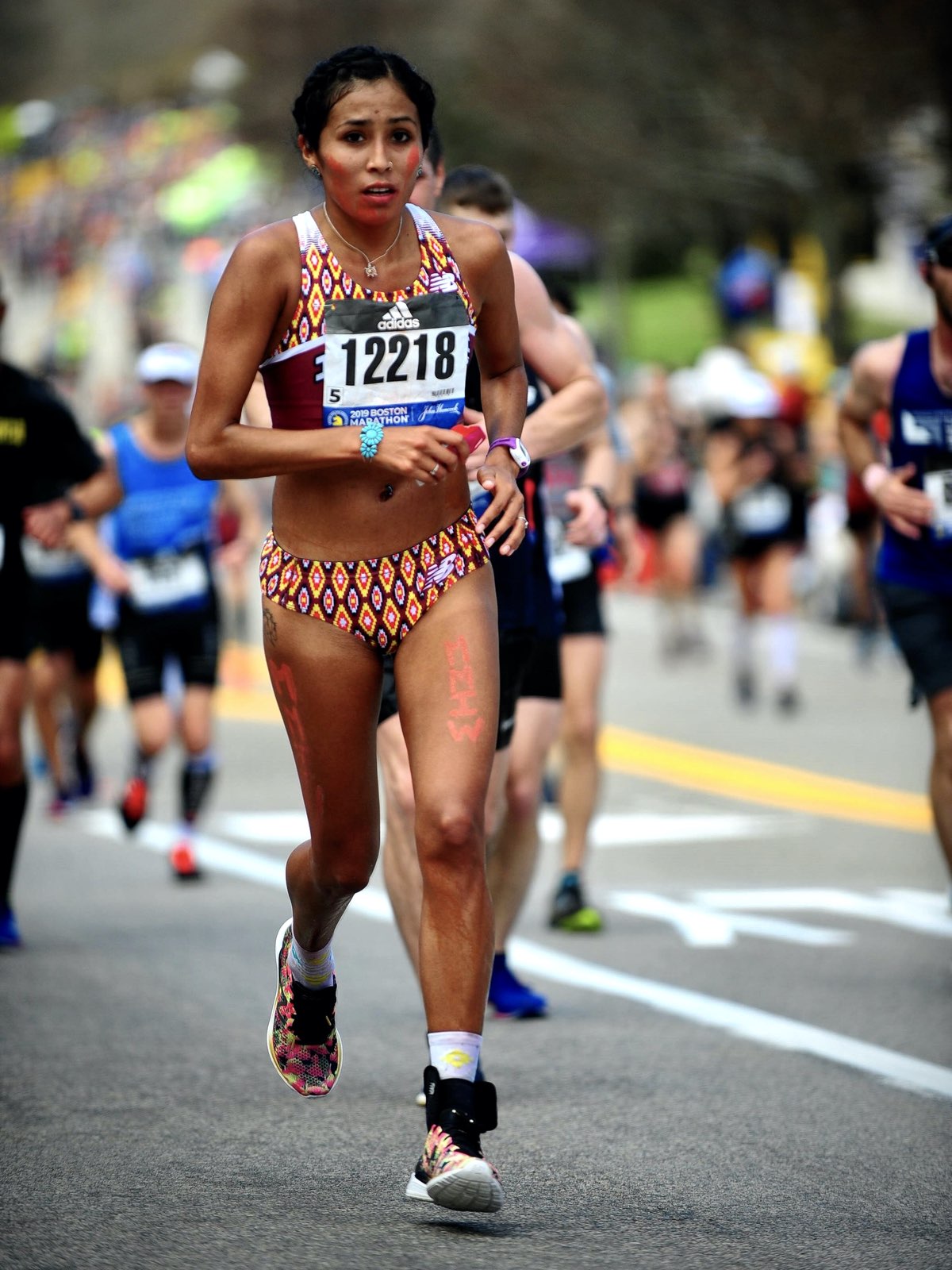 Jordan Marie Daniel - 2019 Boston Marathon - body painted for the missing and murdered indigenous women crisis (MMIW)